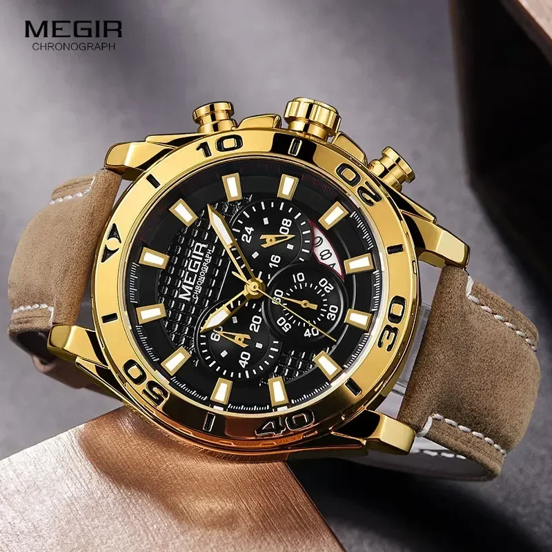 MEGIR Men's Leather Strap Quartz Watches Waterproof Luminous Army Sports Chronograph Wristwatch Man Relogios Clock 2094 Gold