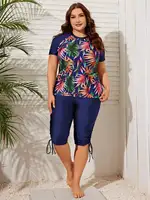 Plus Size Women Summer Beach Tropical Print Rashguard Set - Image 5