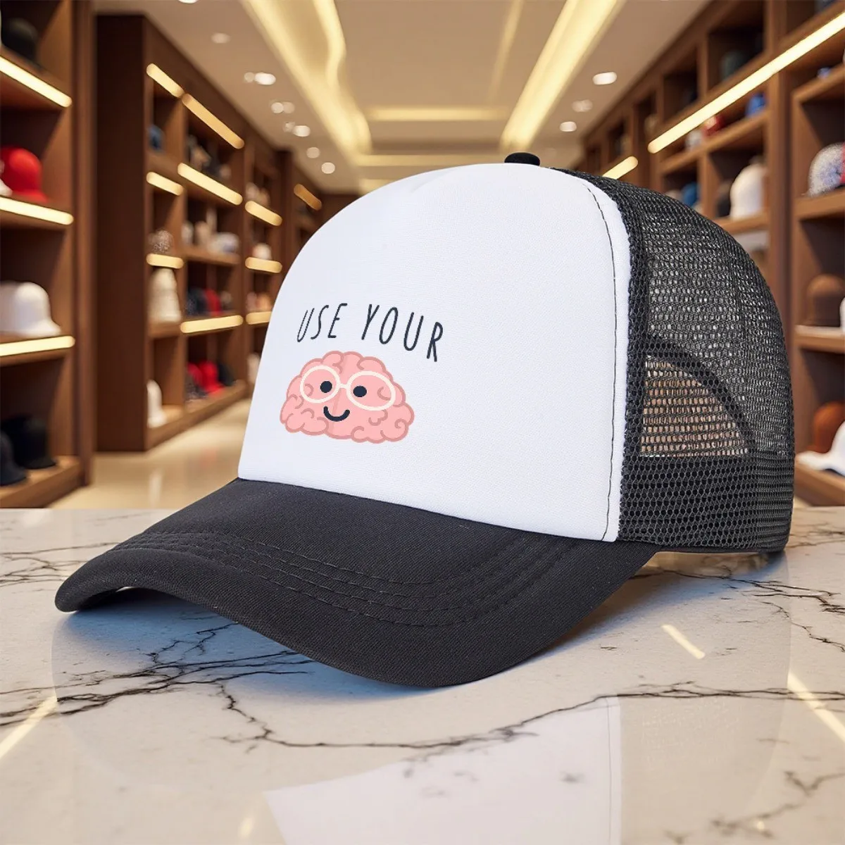 Use Your Brain Cartoon Graphic Trucker Hat Unisex Polyester Mesh Adjustable Outdoor Cap