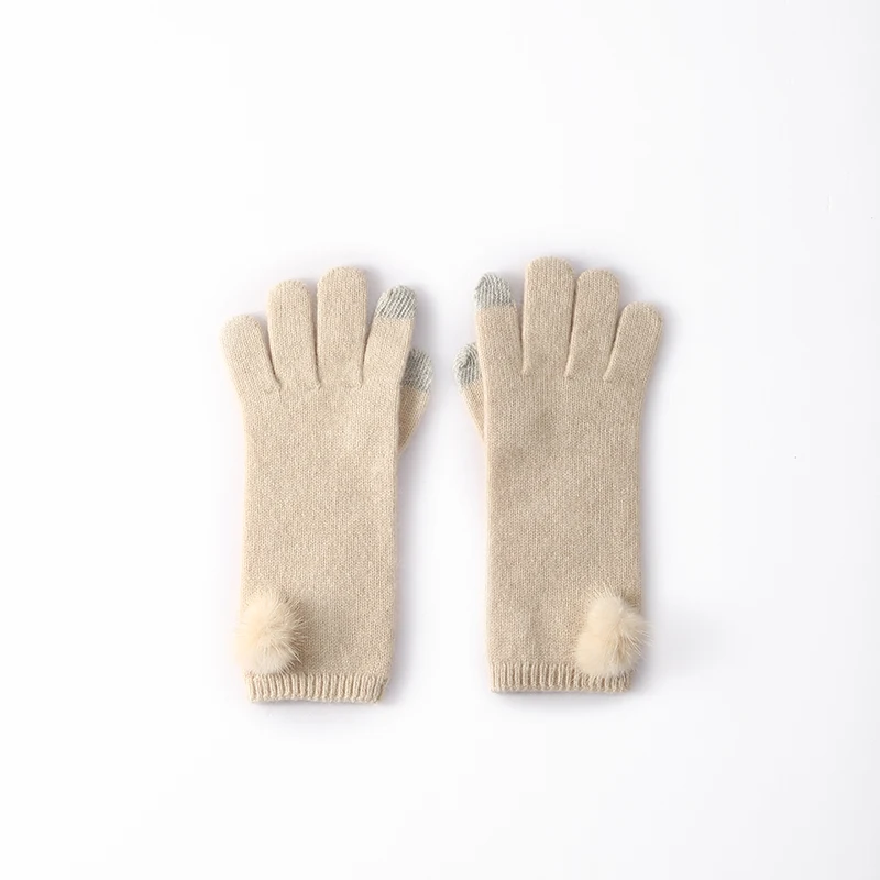Women Winter 35% Cashmere 65% Merino Wool Knitted Gloves Faux Fur Pom Pom Decor Touch Screen Texting Gloves Ribbed Cuff Soft War