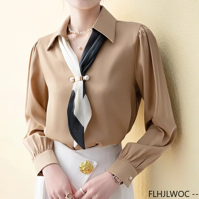 

Beading Bow Tie Tops Women Korean Style Design Clothes Flare Sleeve Elegant Office Lady Cute Ribbon Basic White Shirts Blouses