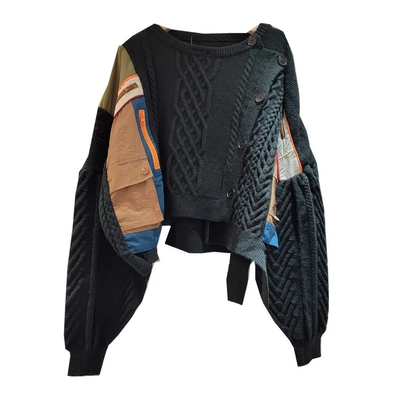 herfst en winter nieuw ontwerp onregelmatige kleur botsing splitsen gebreide trui retro multi-knop jas voor dames