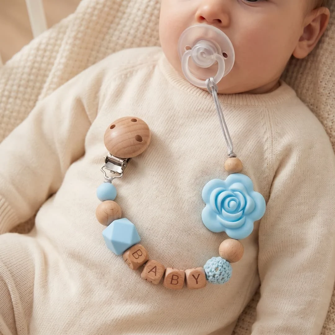 Custom Baby Name Pacifier Holder Handmade Crochet Bead Blue Flower Silicone Teething Toy Safe Newborn Gift