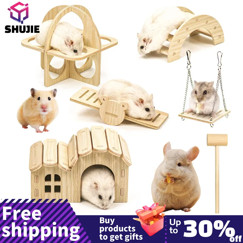 Pet Hamsters House DIY Wooden Gerbil Hideout Bridge Swing and Chinchilla Seesaw Pet Sport Exercise Toys Set  Cage Accessories