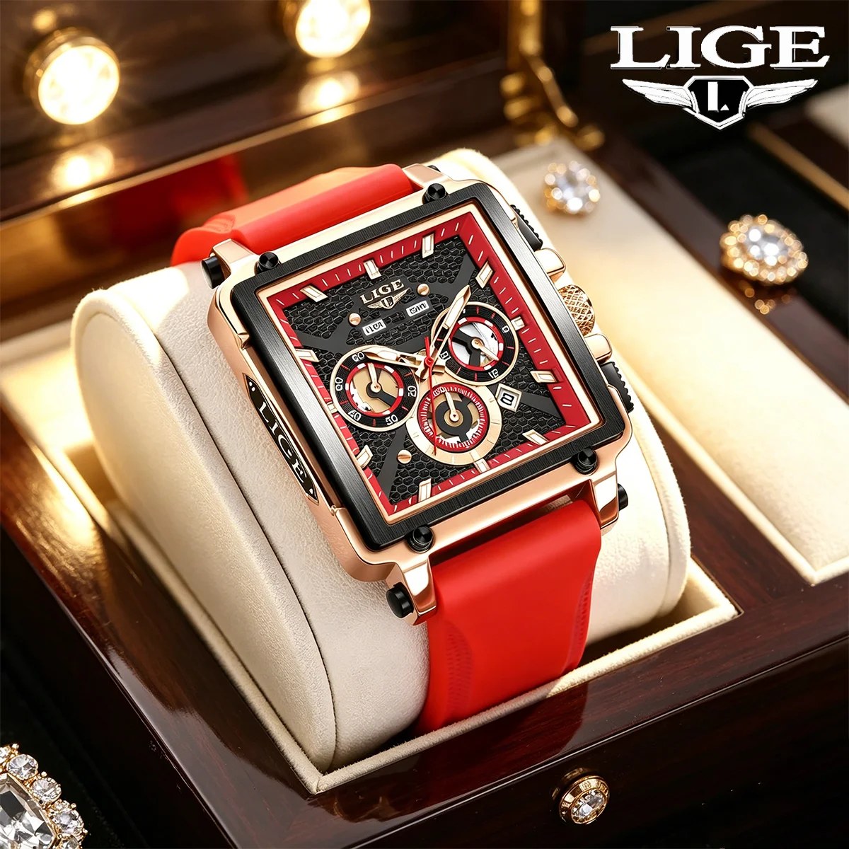 

LIGE Luxury Design Men's Watch Fashion Large Dial Square Quartz Wristwatches Chrongraph Auto Date Silicone Watches for Men+Box