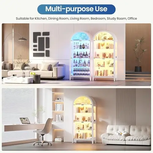 5-Tier Arched Glass Display Cabinet with RGB Lights for Living Room | LED Curio Cabinet with Glass Door & Motion view 4
