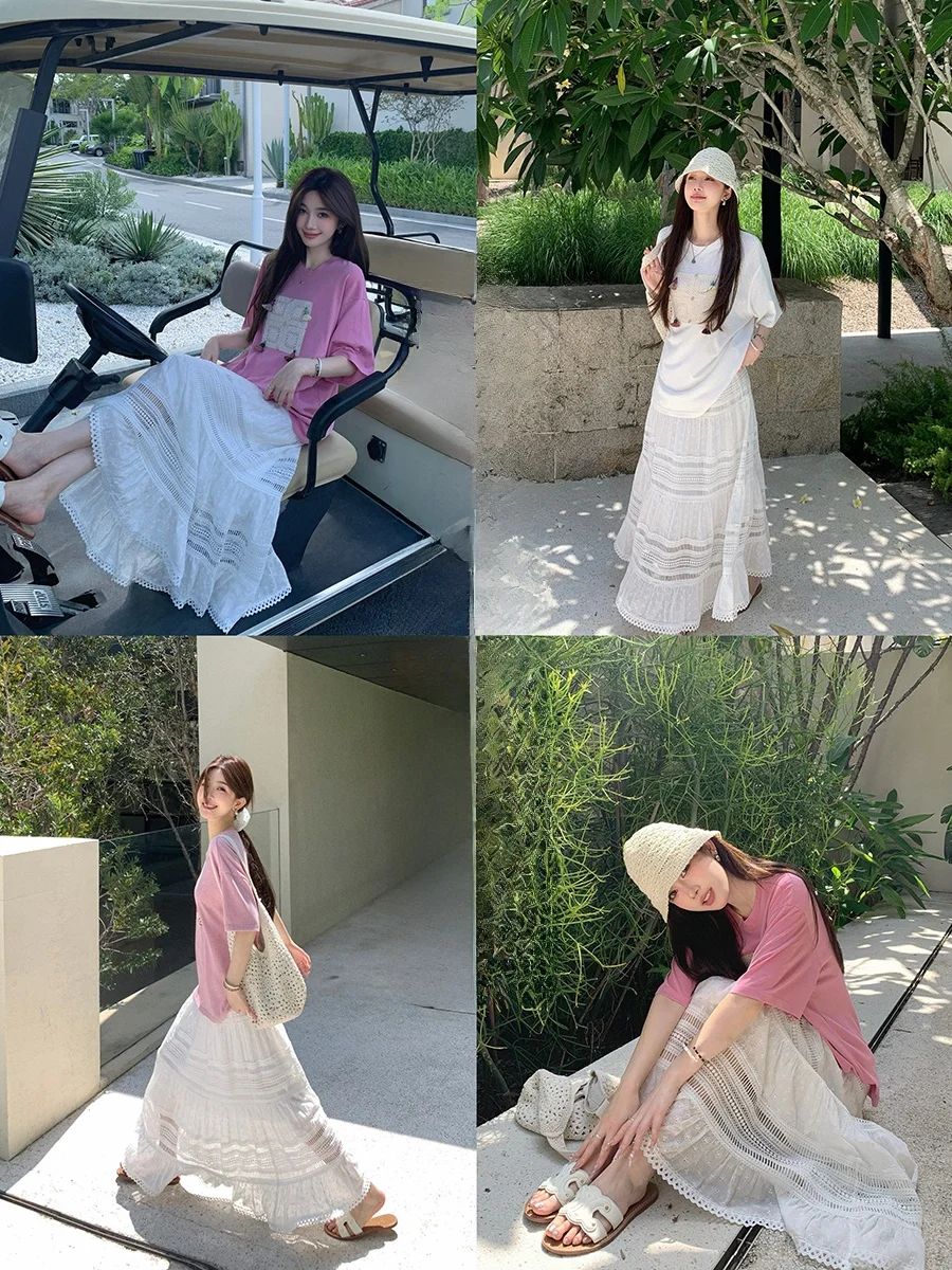 

Zhang Beibei 00% Cotton Embroidered Lace Hollow out Long Skirt White Moonlight Women's Ele Versatile Midi Skirt