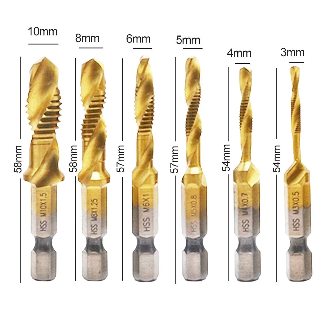 HSS Thread Spiral Screw Metric Composite Tap Drill Bit 6pcs 1/4 Hex Shank  M3 M4 M5 M6 M8 M10 Woodworking Tool