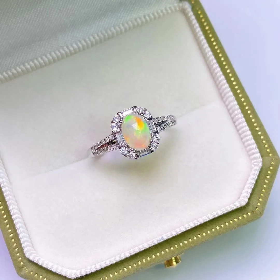 

925 Sterling Silver Opal ladies rings with 5x7mm Main Stone, Adjustable Band - Elegant Jewelry Collection