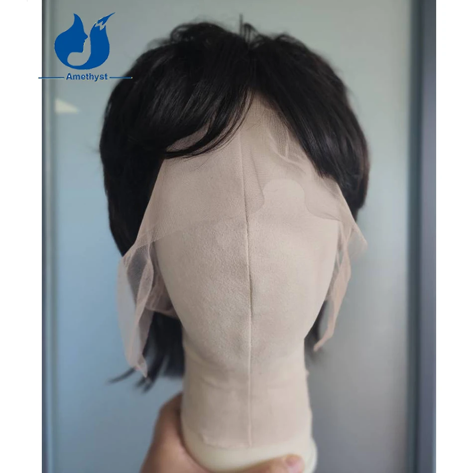 Amethyst Mullet Short Pixie Cut Men's Wig Human Hair with Bang Natural Black 13x6 Lace Front Wig Brazilian Remy Pre Styled