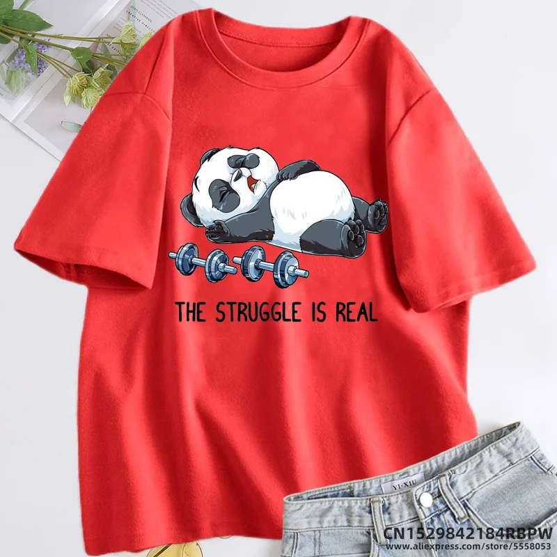 The Struggle Is Real Fitness Panda T Shirt Funny Cartoon T-shirts Summer Short Sleeve Graphic T Shirts Streetwear Women\'s Tops