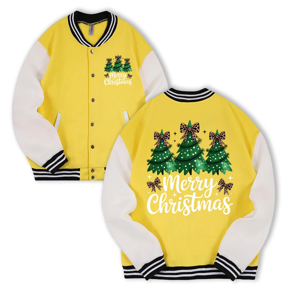 

Happy Christmas 3 Christmas Trees Print Men Baseball Jersey Fashion Fleece Jackets Autumn Retro Menswear Sport Unisex Streetwear