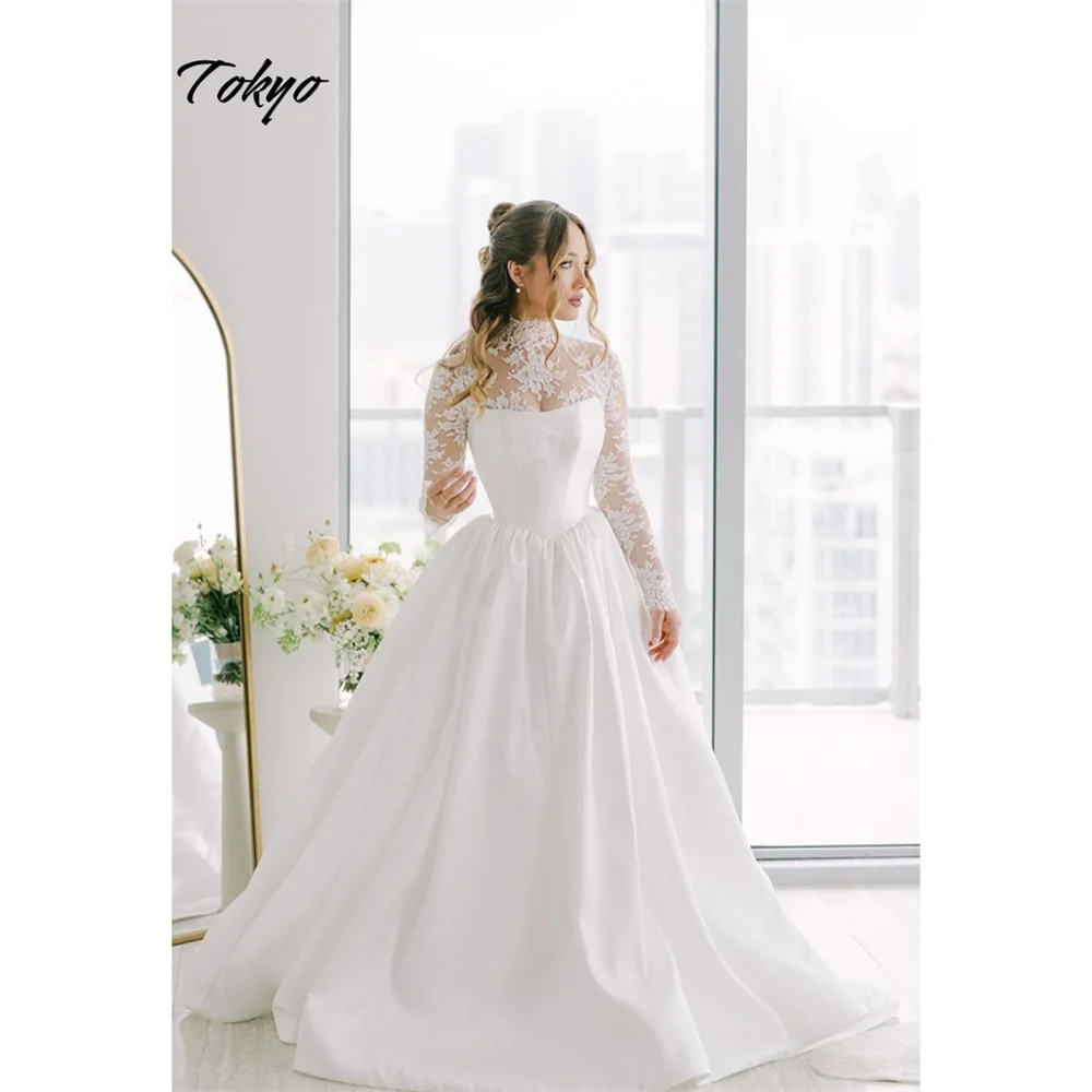 Vestido de novia de cuello alto blanco personalizado de Tokio, velo de novia con cremallera trasera de manga larga, cola de corte 2025, vestido de novia elegante de corte A