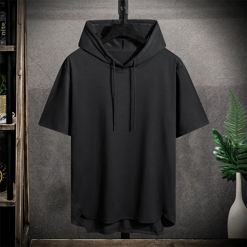 Men's sports short sleeved T-shirt hooded style trendy and fashionable thin style breathable loose outdoor running casual top image 2