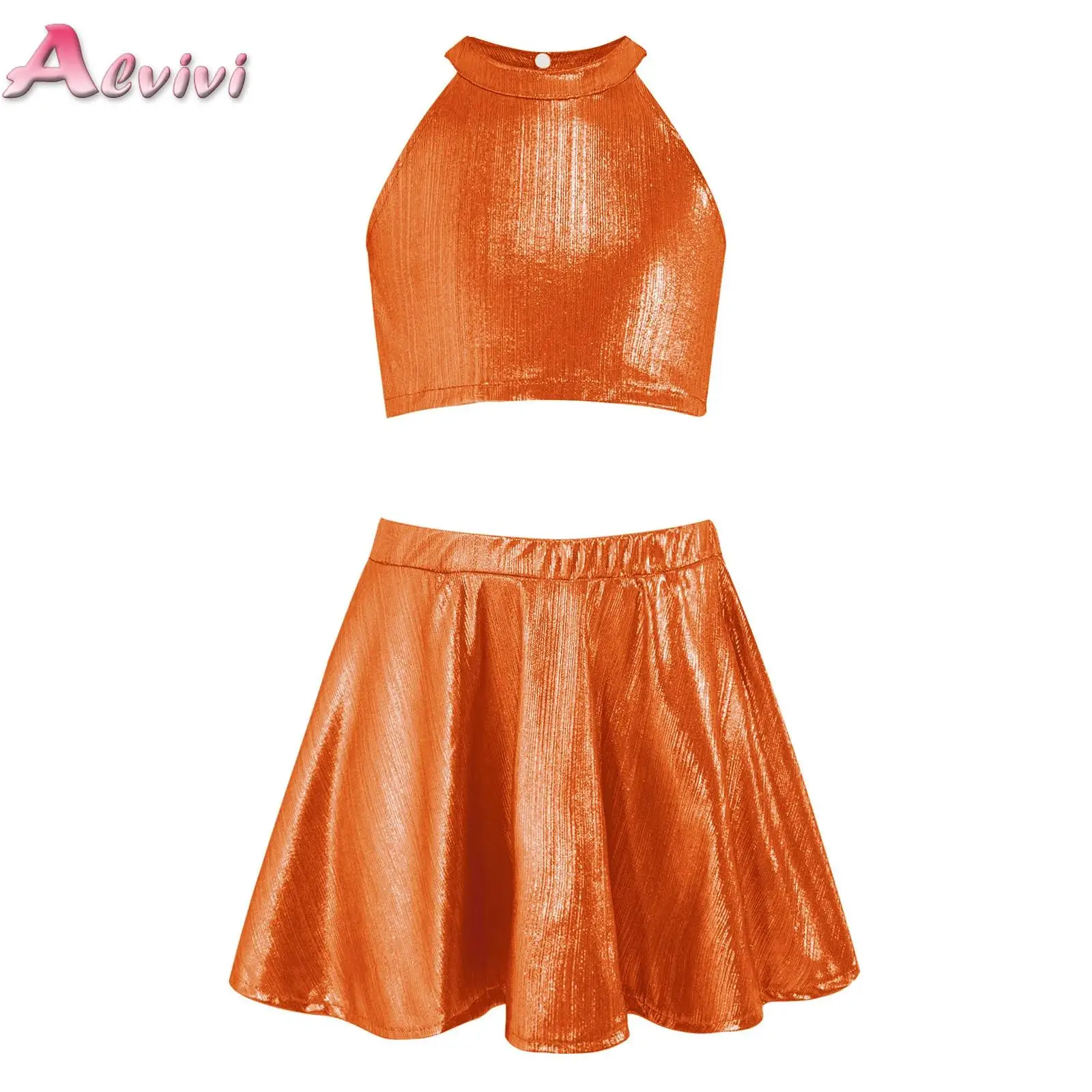 Kids Girls 2-piece Metallic Ribbed Dance Outfit Sleeveless Vest with Elastic Waistband Skirt for Cheerleading Chorus Performance