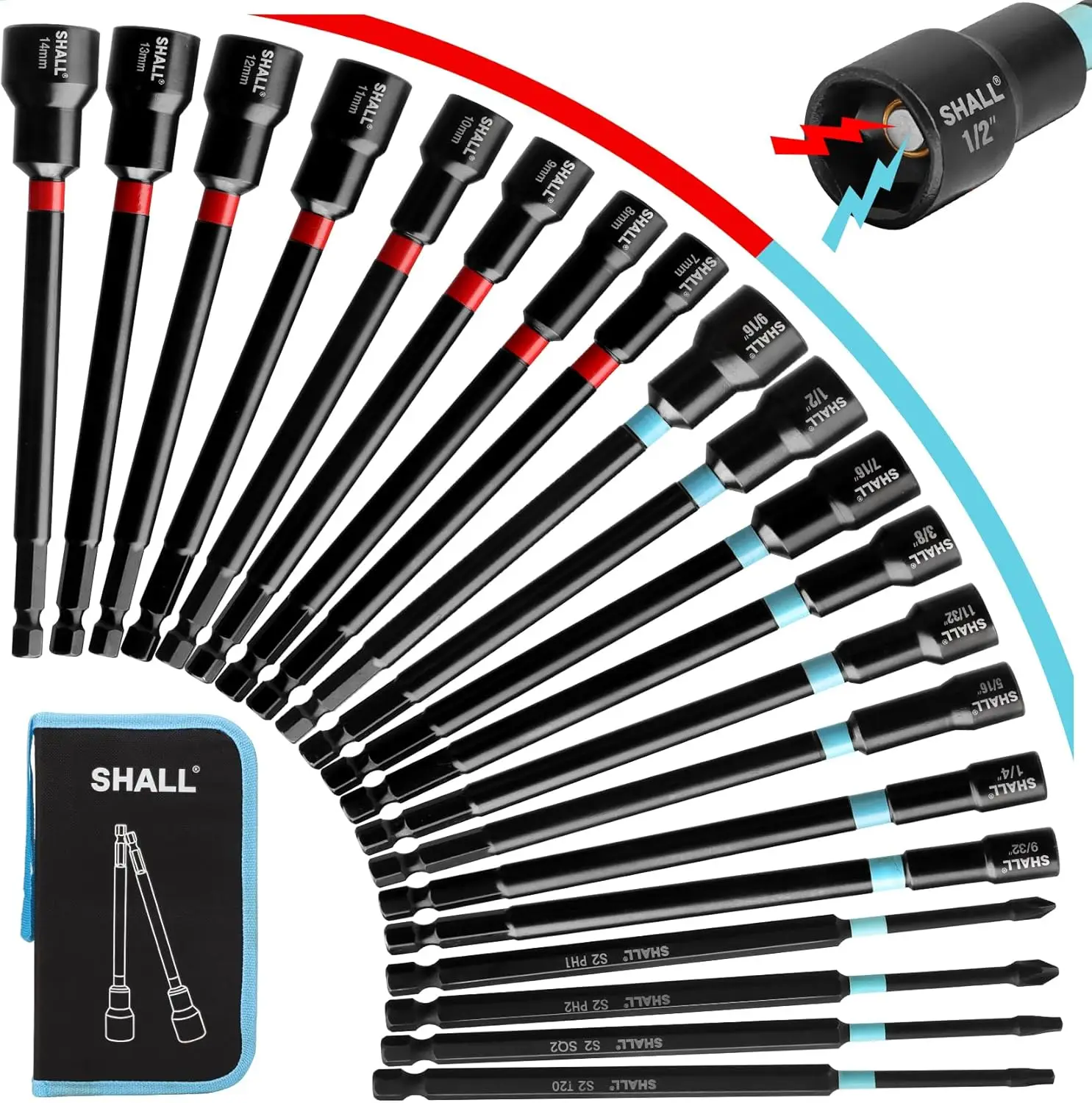 

20PCS Magnetic Nut Driver Set, 6” Long SAE & Metric 1/4” Hex Shank Bits for Impact Drill with Storage Bag