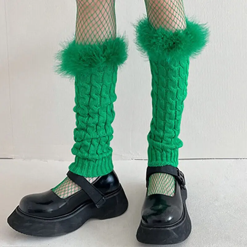 Women Girls Harajuku Y2K Fur Winter Furry Knit Leg Warmer Feather Stockings Gothic Lolita Cosplay Warm Boots Xmas Leg Warmers