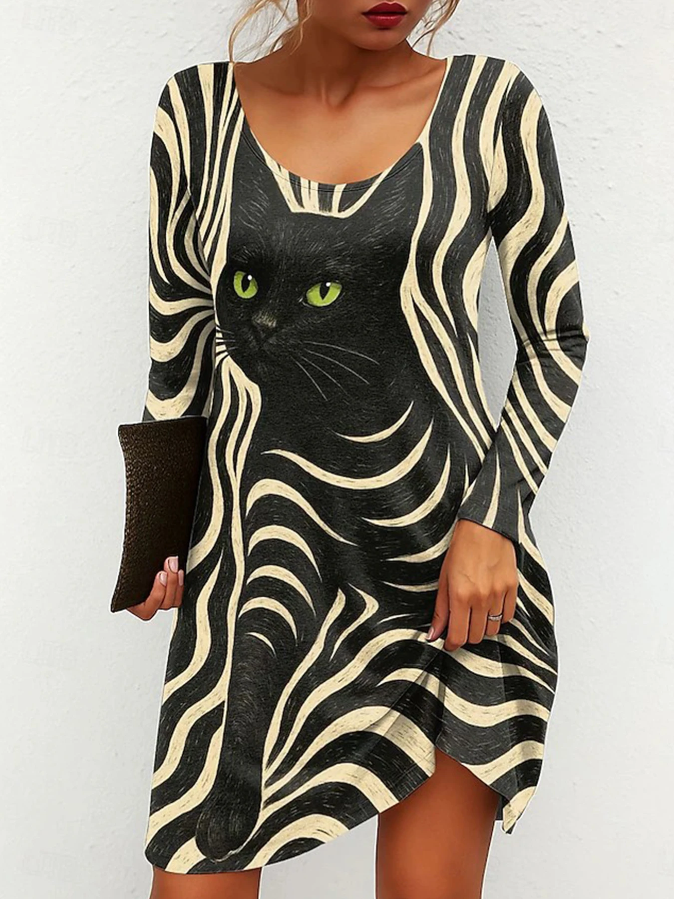 Mini abito da donna con grafica divertente gatto, manica lunga, girocollo, maglietta, abito casual, linea ad A, lunghezza al ginocchio, abito a pieghe per la moda