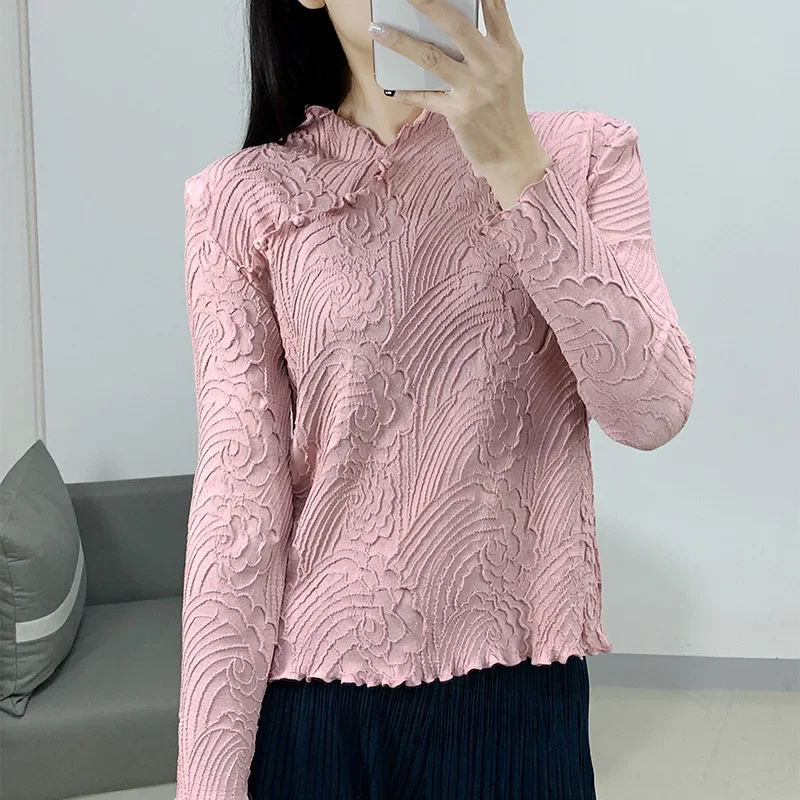 

Pleats New Pleated Chinese National Wind Plate Buckle Long-sleeved T-shirt Women's Bottoming Outside Slim Pleated Clothing Niche