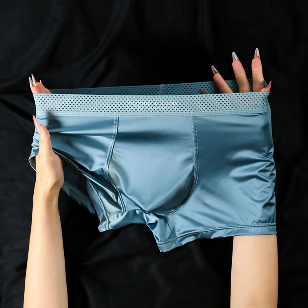 1pc Men Satin-like Ice Silk Boxers Smooth Panties Hollow Out Waistband Underpants Breathable Solid Color Underwear Trunk