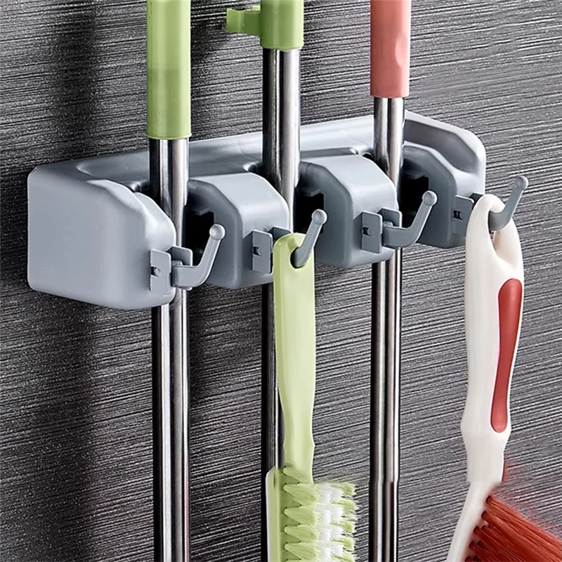 

A96K-Mop And Broom Holder Wall Mount With Slots & Hooks Broom Hanger Storage Utility Rack For Home Kitchen Garden Laundry
