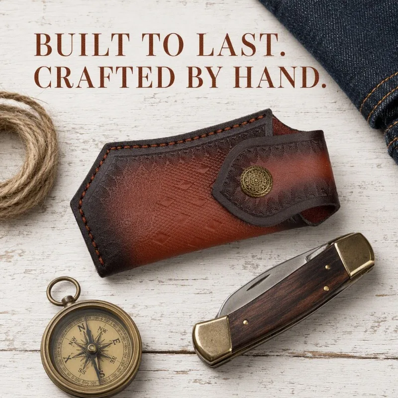 16CM Folding Pocket Knife Leather Sheath, Embossed Cowhide Holder with Belt Buckle