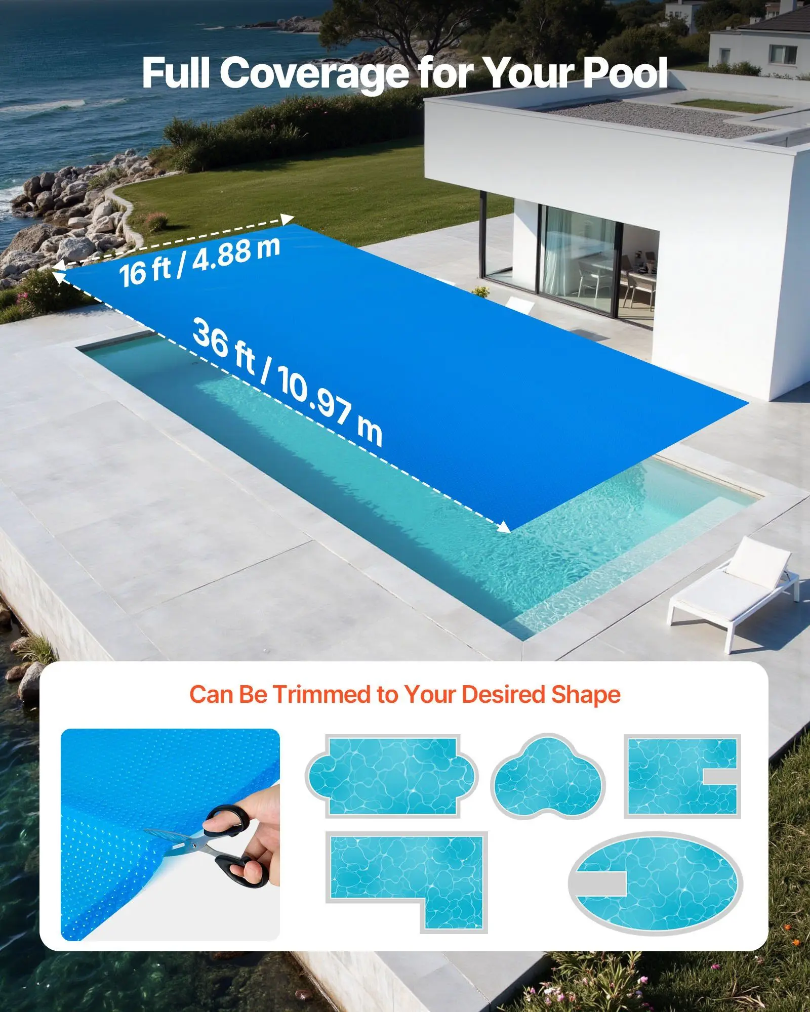 

Solar Pool Cover, 36 x 16 ft Rectangle Pool Bubble Cover, 12 Mil Pools Solar Blanket with Bubble & PE Material, Daytime Heat