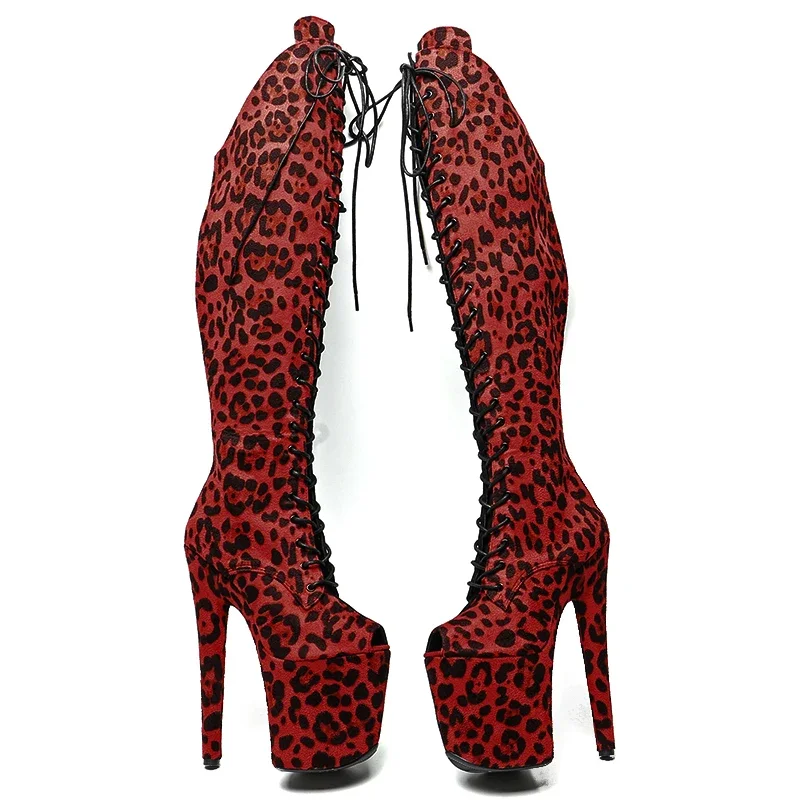 Leecabe 20CM/8Inch Red  Leopard with Black suede stripper heel Trendy fashion  Platform party High Heels Pole Dancing boot