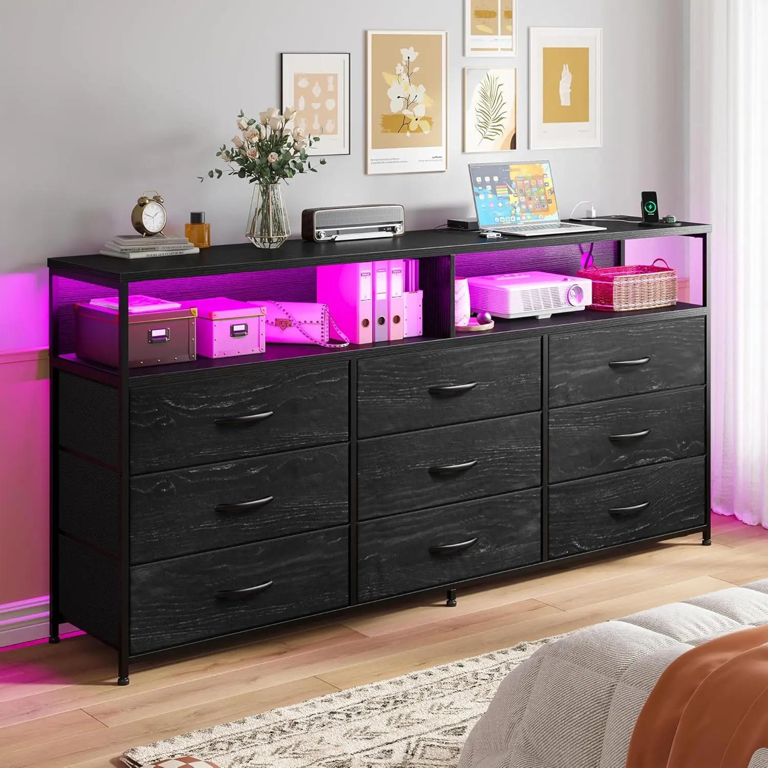 55” W Dresser, Black Dresser for Bedroom with Power Outlet & LED Lights 65