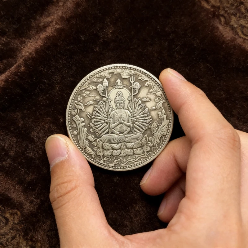 Tibet Silver Ancient Coins Collection Buddhist Thousand Hand Guanyin Heart Sutra Buddha Statue Auspicious Ornament Gift
