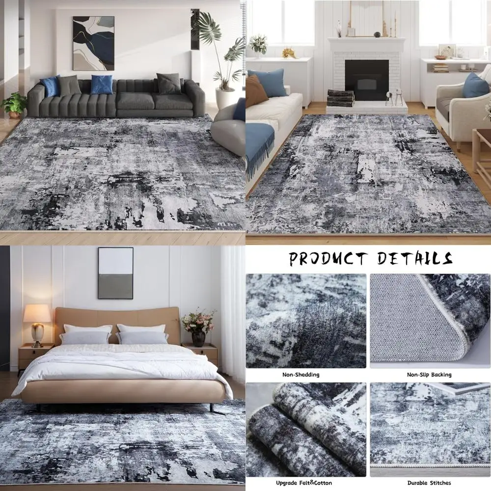 

Моющийся ковер в стиле бохо 8x10: мягкий, нескользящий, нелиняющий, из искусственной шерсти, для гостиных, столовых, игровых комнат - серый и черный