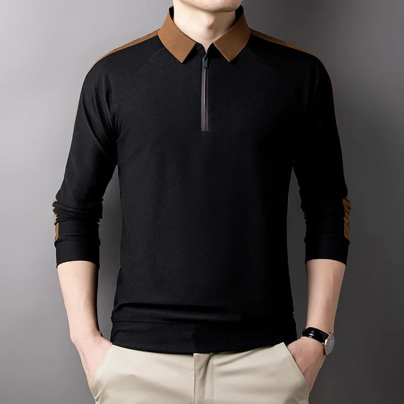 Spring and Autumn Men's Pullover Polo Neck Zipper Contrast Panel Long Sleeve T-shirt with Bottom POLO Shirt Fashion Casual Tops