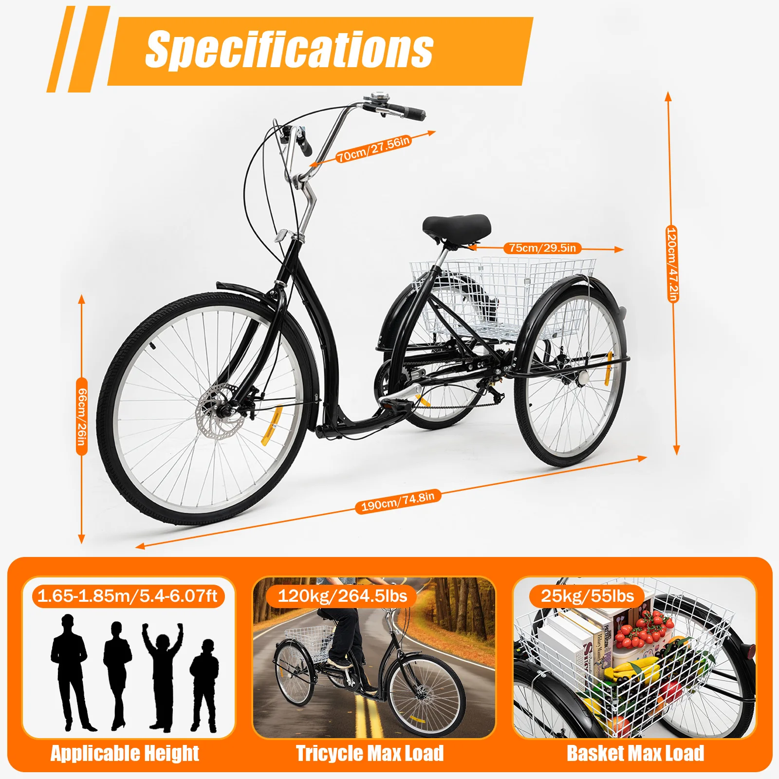 26 Inch Tricycle With Basket, Black/White Three-wheeler 6 Speeds Load Capacity Up To 120 Kg, Adjustable Height