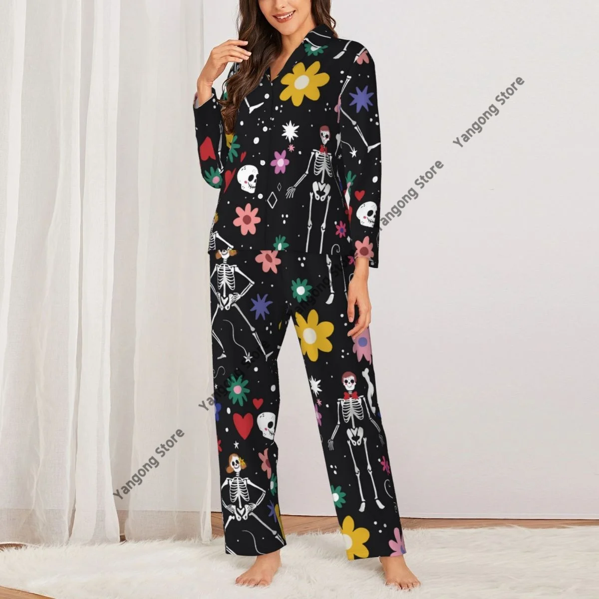 Hand Drawn Day Of Dead Skull Womens Pajamas Loungewear Two-piece Sleepwear Button-Down Full Sleeve Long Pajamas Set