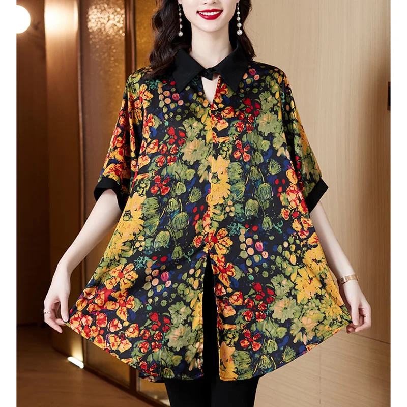 Vintage Printed Lapel All-match Loose Blouse Women Clothing 2023 Summer New Oversized Casual Pullovers Loose Office Lady Shirt