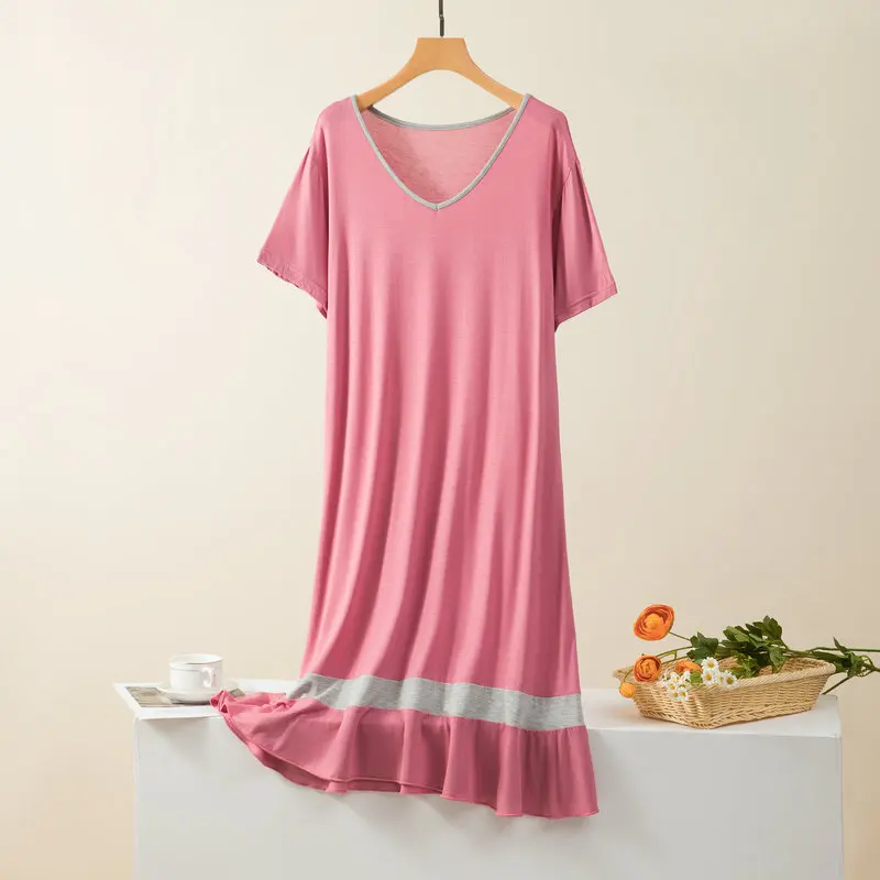 Loose Big Size Modal Sleepwear For Women Dress New V Neck Short Sleeve Ladies Nightie Patchwork Color Oversize Nightgowns