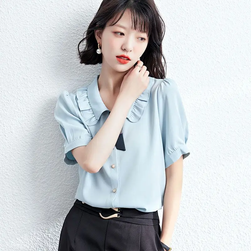 Women Summer Simplicity Bow Solid Color Peter Pan Collar Cardigan Short Sleeve Shirts Women Clothes Casual All-match Trend Tops