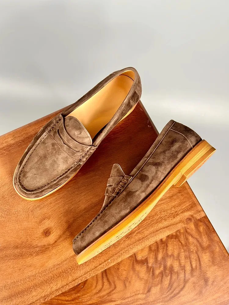 Summer Men Business Work Real Cow Suede Leather Formal Shoes Vintage Slip On Loafers Breathable