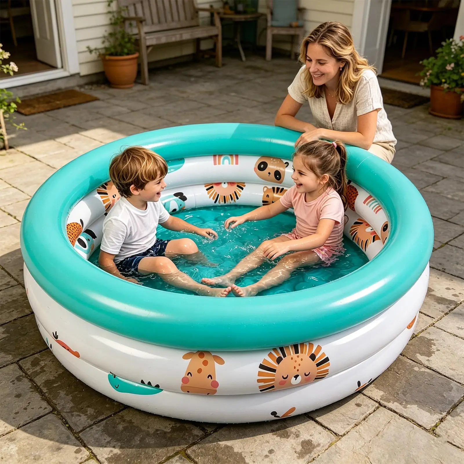 Pool for Kids Cute Pattern Blow Up Bathing Tub Round Inflatable Outdoor Pool for Boys Girls Pet Sea Ball Fishing Toy Garden
