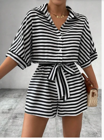 صيف جديد مجموعة للمرأة عادية فضفاض مريح الزي موضة مخطط Batwing كم قميص علوي + شورت 2 قطعة مجموعات امرأة