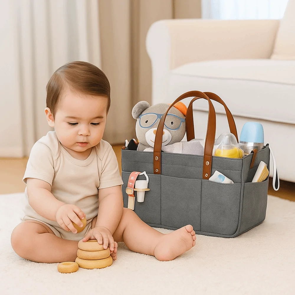 

Simple Large Capacity Felt Diaper Storage Bag Foldable with Handle Infant Diaper Bag Portable Baby Felt Storage Basket Office