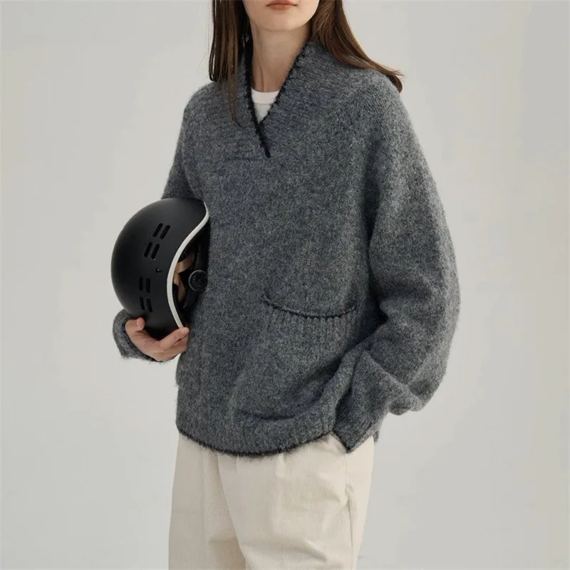 Pull ample à revers bloqué de couleur pour femmes, haut à Double poche, nouveau Style décontracté, automne et hiver 2025
