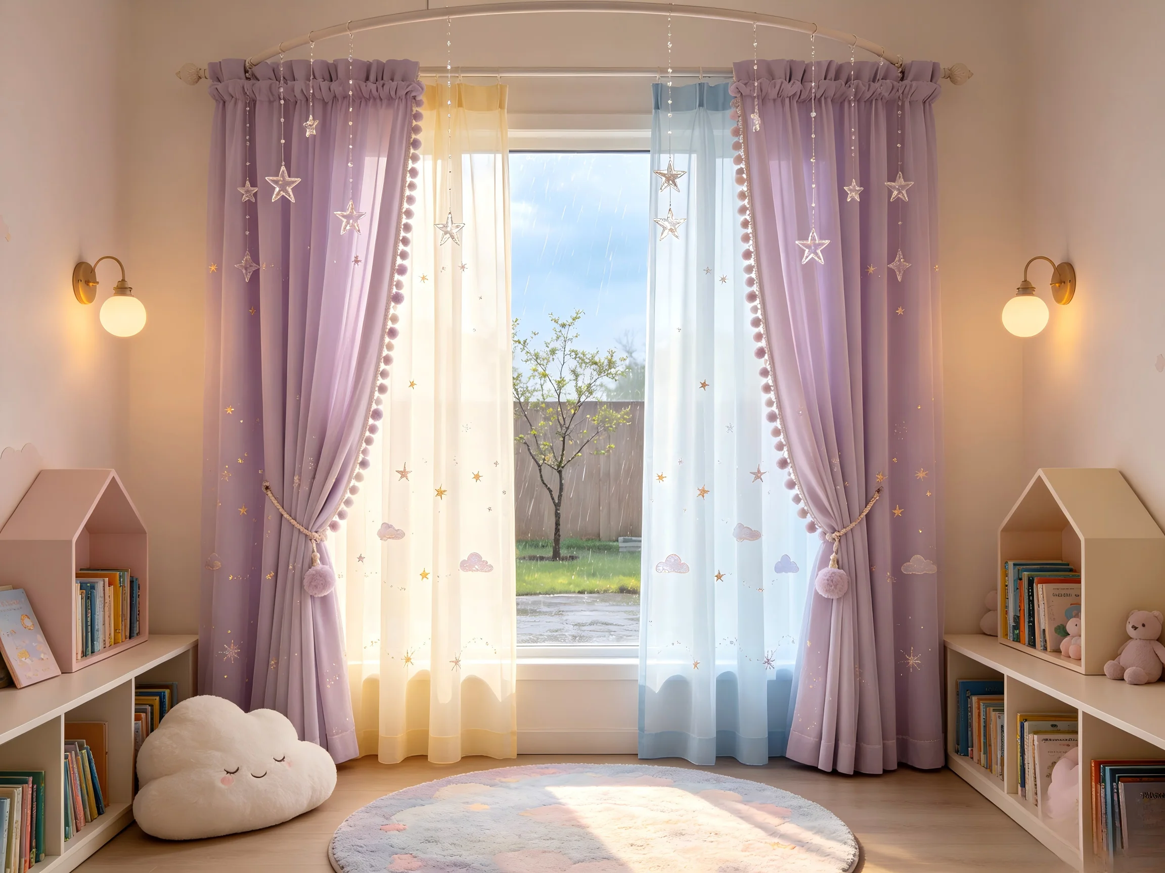 200397   Advanced Children's Reading Corner: Light Purple/Cream Yellow/Mist Blue Gradient Curtain+Star Cloud Embroidery+Acrylic