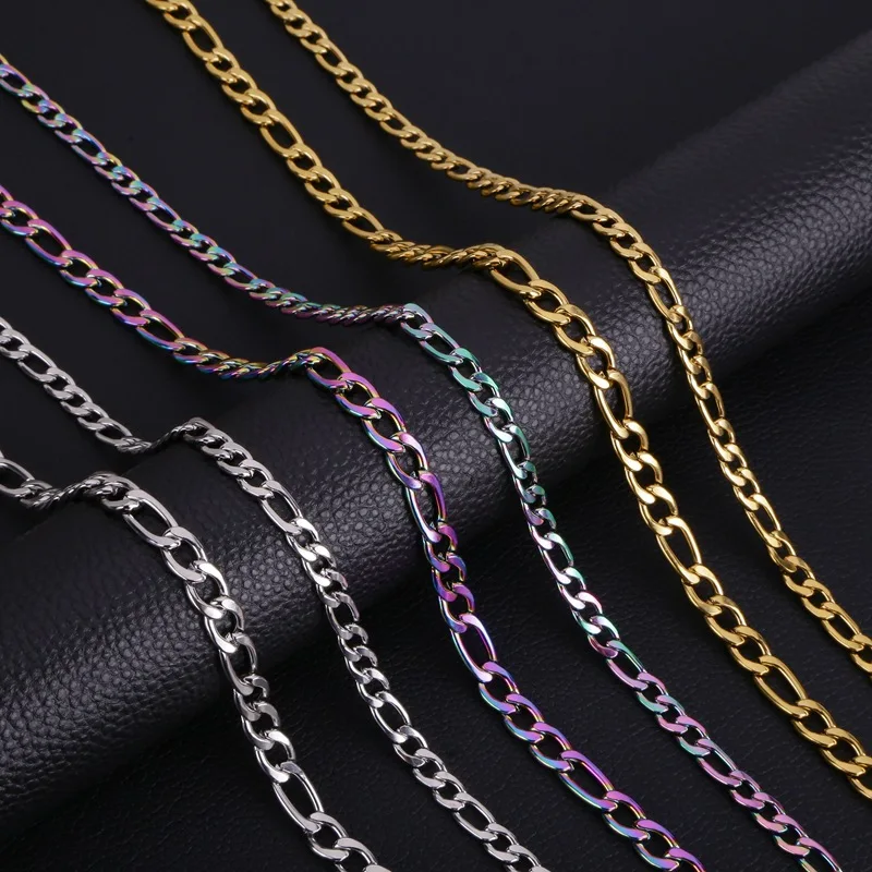 HONGTONG Fashion Figaro Cuban Link Chain Stainless Steel Necklace 45cm/50cm/55cm/60cm 3MM-9MM Gold Color Jewelry Gift Women Men