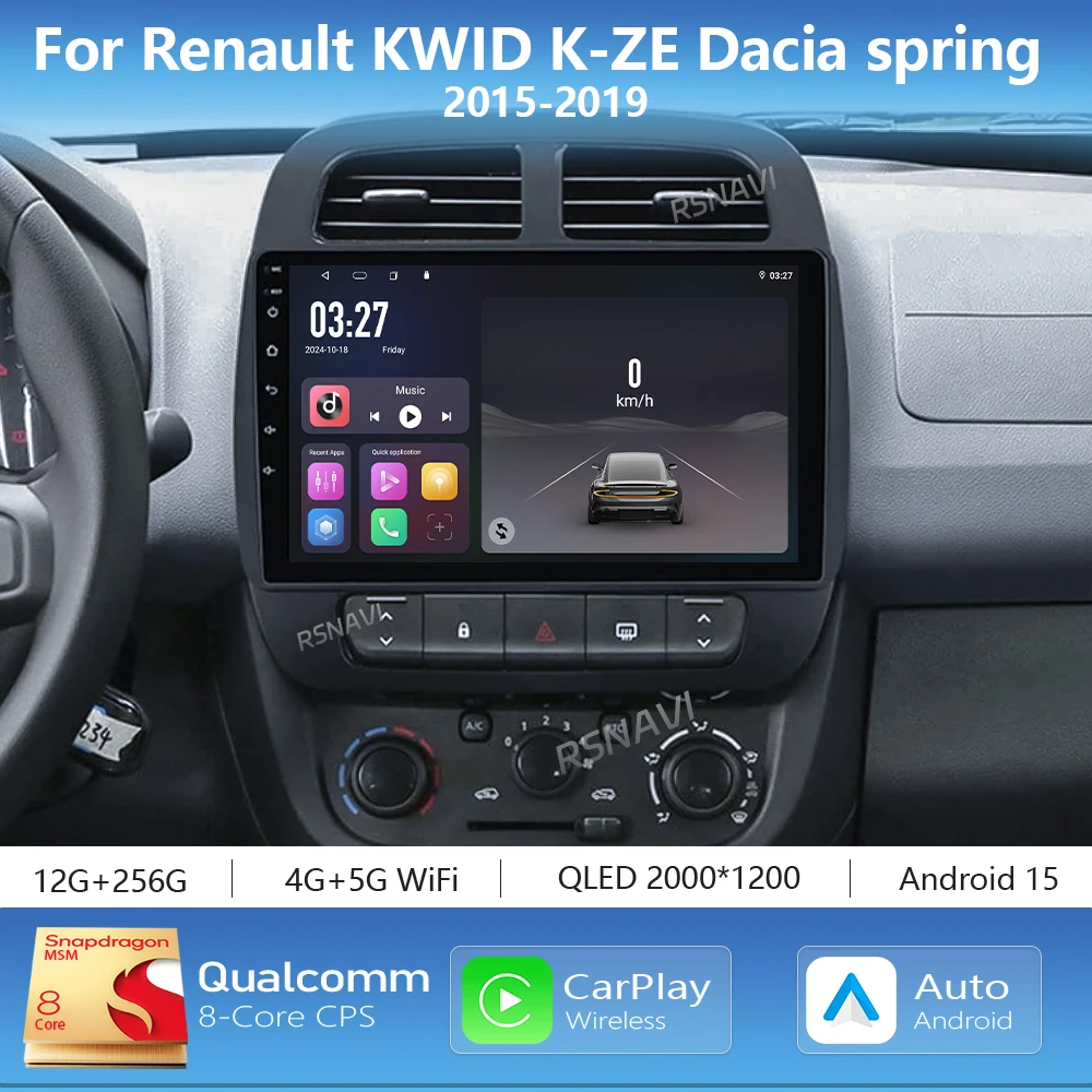 Rádio Multimídia Automotivo Android 16 Carplay Auto com Tela 2K para Renault KWID K-ZE 2015 - 2019 Autoradio Estéreo 2Din