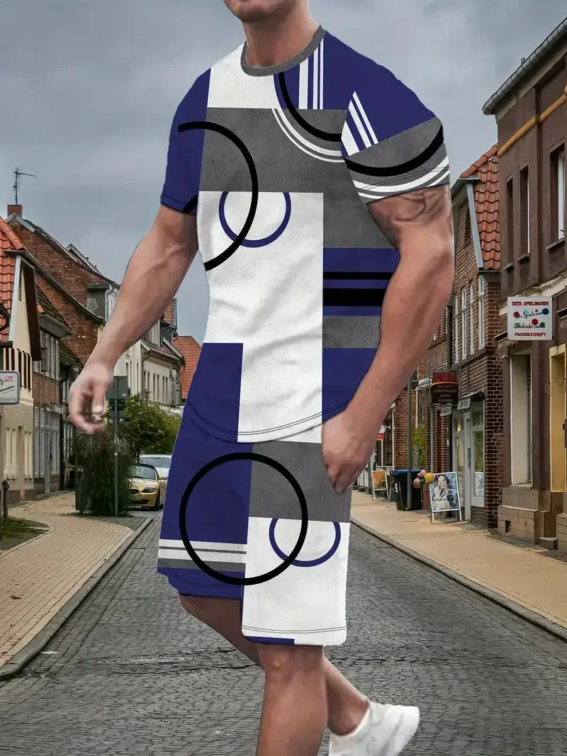 

Модный полосатый комплект футболок с короткими рукавами, летний мужской повседневный спортивный костюм, футболка с 3D неформальным геометрическим принтом + шорты, комплект из 2 предметов
