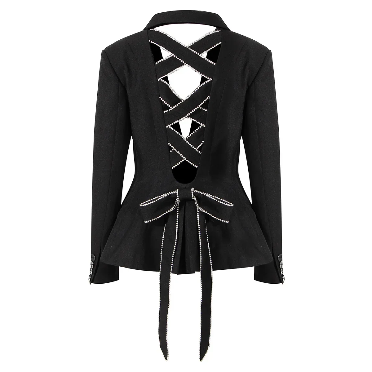 Crystal Women Suits 1 Piece Blazer Black Jacket Lace Up Back Outfit Business Work Wear Fashion Girl Coat Sexy Hollow Prom Dress