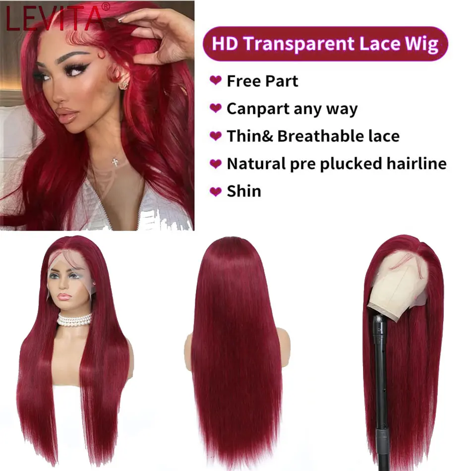 99J Wig Rambut Manusia Renda Depan Berwarna untuk Wanita Wig Lurus Warna Merah Anggur 13X4 Wig Frontal Renda Transparan Warna Merah Anggur untuk Wanita