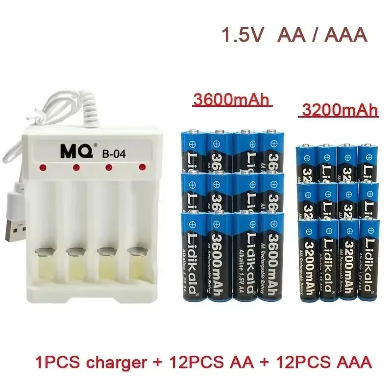 AA 1,5 V AA3600 mAh/AAA 3200 mAh + USB-Ladegerät, alkalischer Akku mit Ladegerät, für Computeruhren, Radios, Videospiele