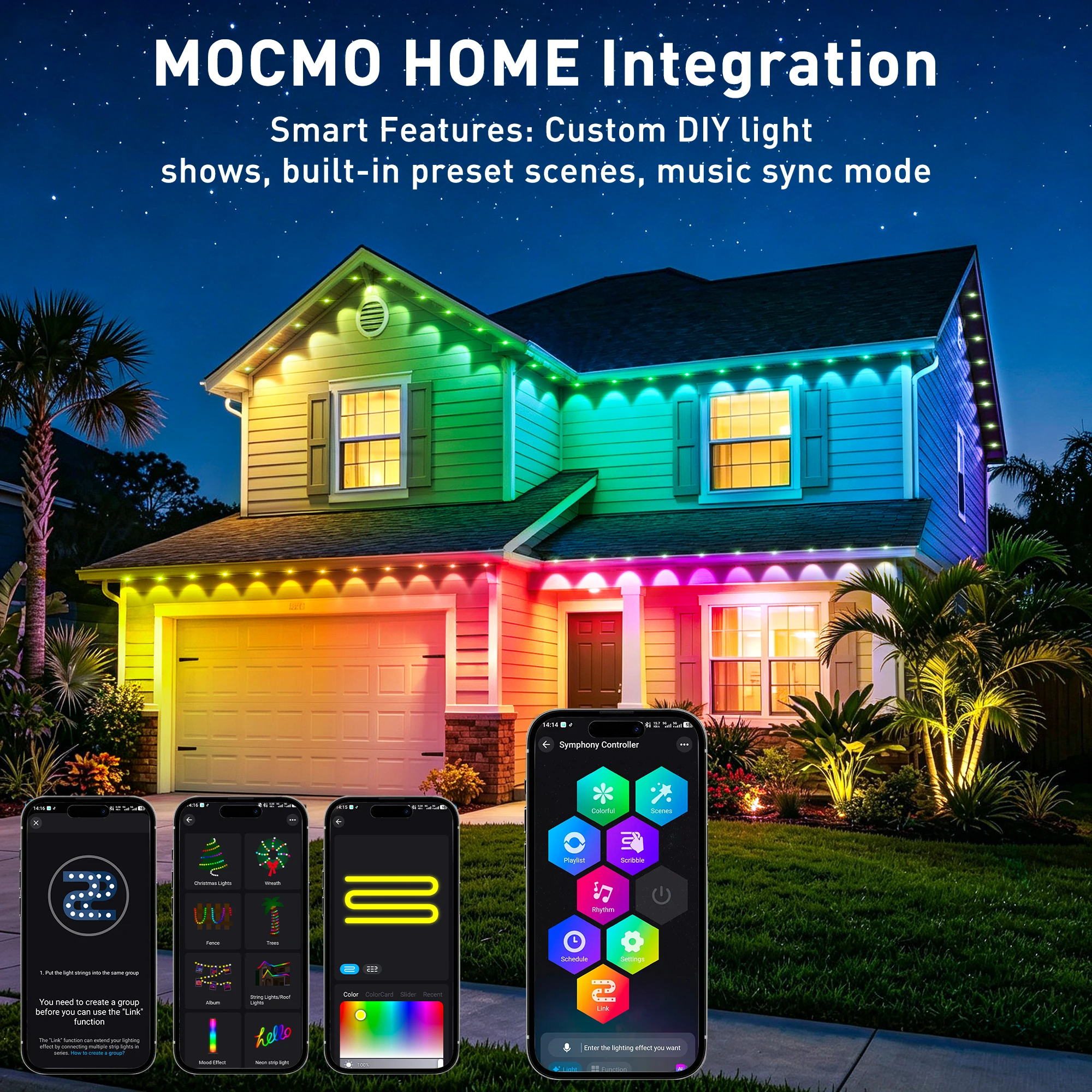 500FT RGBIC Permanent Outdoor Lights,IP67 Waterproof Eaves String Lights  with App & Remote Control, Music Sync, MyDIY, Timer, Easy  Install for Patio Roofline Garden Deck Fence Holiday
